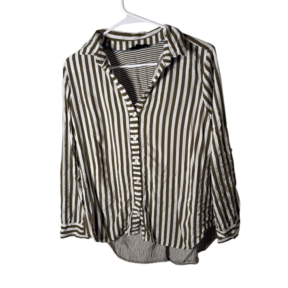 Jane & Delancey Shirt Women's Medium Green Striped Button Up Collared Casual